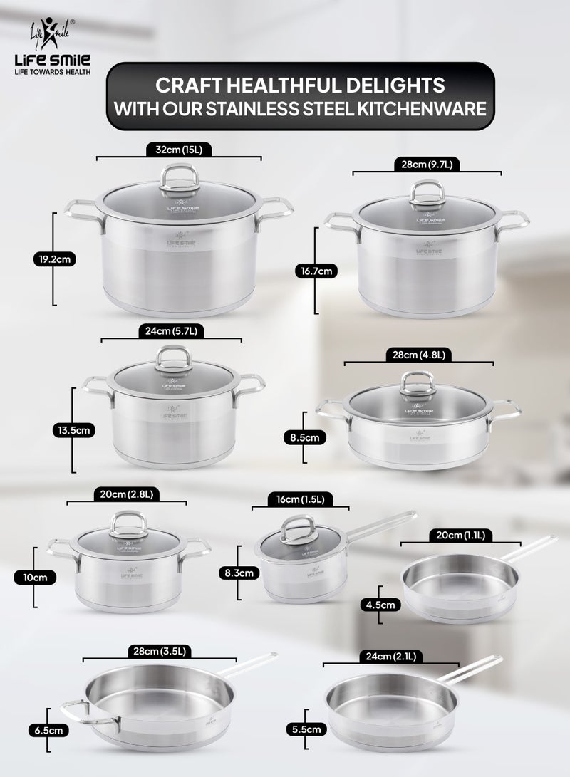 LIFE SMILE 15-Pcs Stainless Steel Cookware Set - 18/10 Premium Stainless Steel Pots and Pans Set - Cooking Pots Set  - Steel Cookware Set includes 20/24/28/32cm Soup Pots with lid ,28 cm Shallow pots with Lid ,20/24/28 cm Fry Pan and 16 cm Saucepan-Oven Safe Cookwares - Image 3